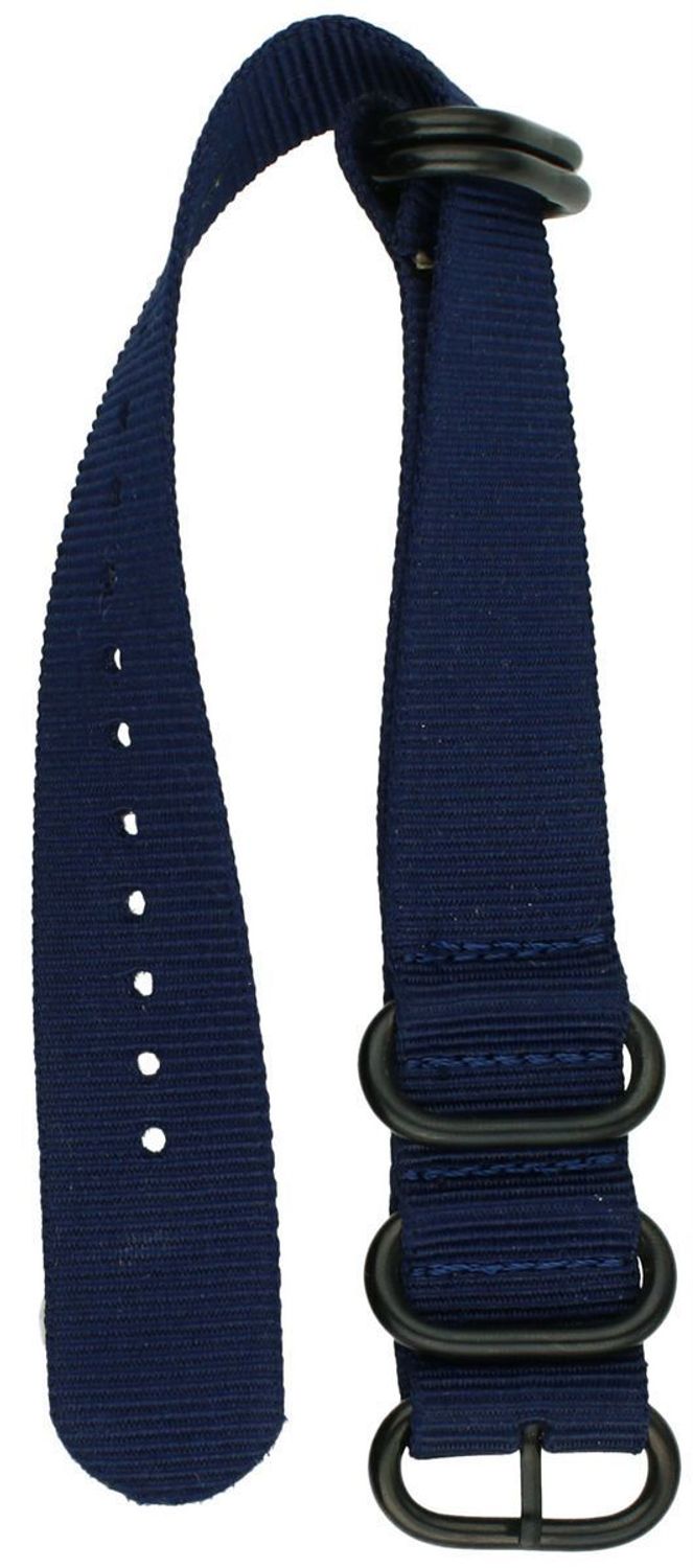 Pasek do zegarka NATO 011 w granatowym kolorze. Wykonany z wytrzymałego nylonu, długość 26 cm, szerokość 20 mm. Wygodny, trwały i łatwy w montażu – idealny do codziennego noszenia i aktywności 2.jpg